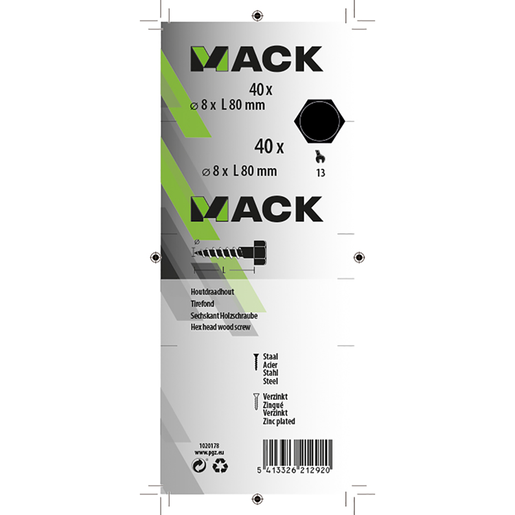 Mack 1020178 - boulon fileté à bois galvanisé 40 pièces 8 x 80 mm | 3 pièces