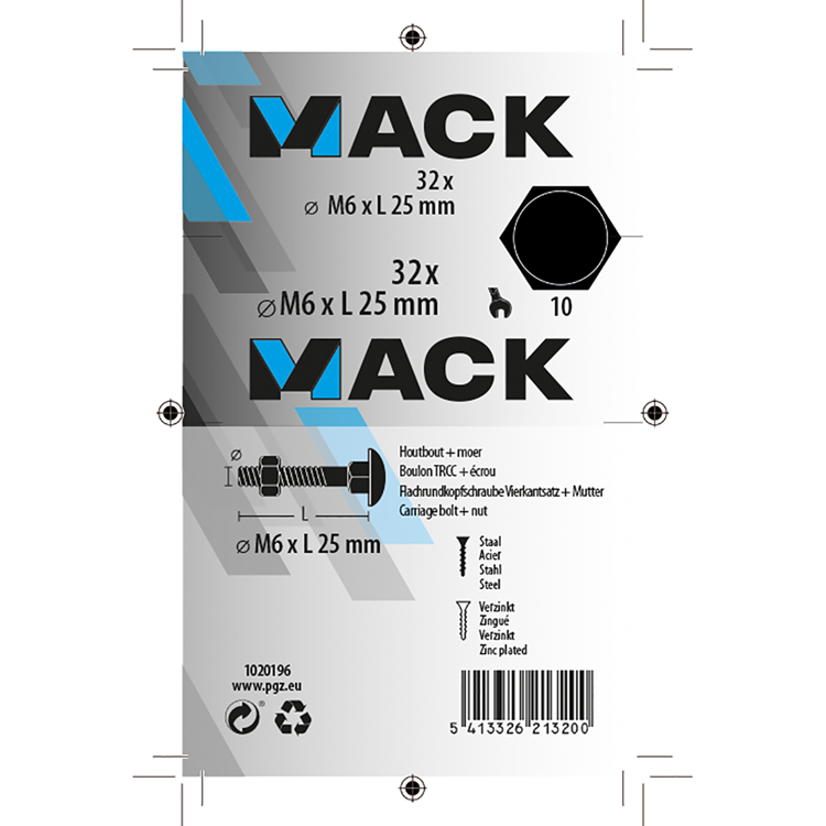 Mack 1020196 - boulon à bois + écrou galvanisé 32 stm6 x 25 mm | 5 pièces