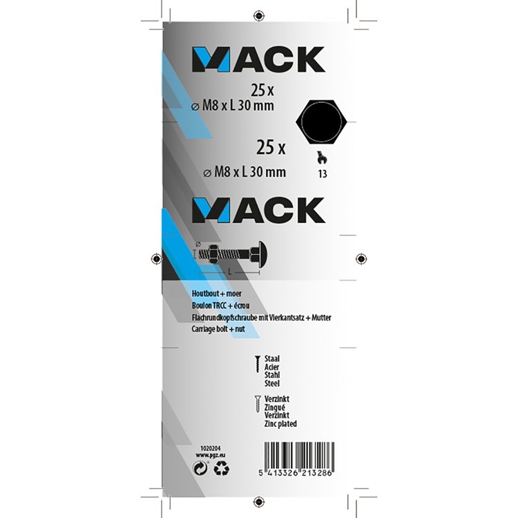 Mack 1020204 - boulon à bois + écrou galvanisé 25 stm8 x 30 mm | 5 pièces