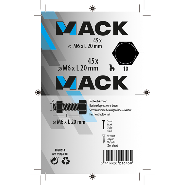 Mack 1020214 - boulon de robinet + écrou galvanisé 45 pcs m6 x 20 mm | 5 pièces
