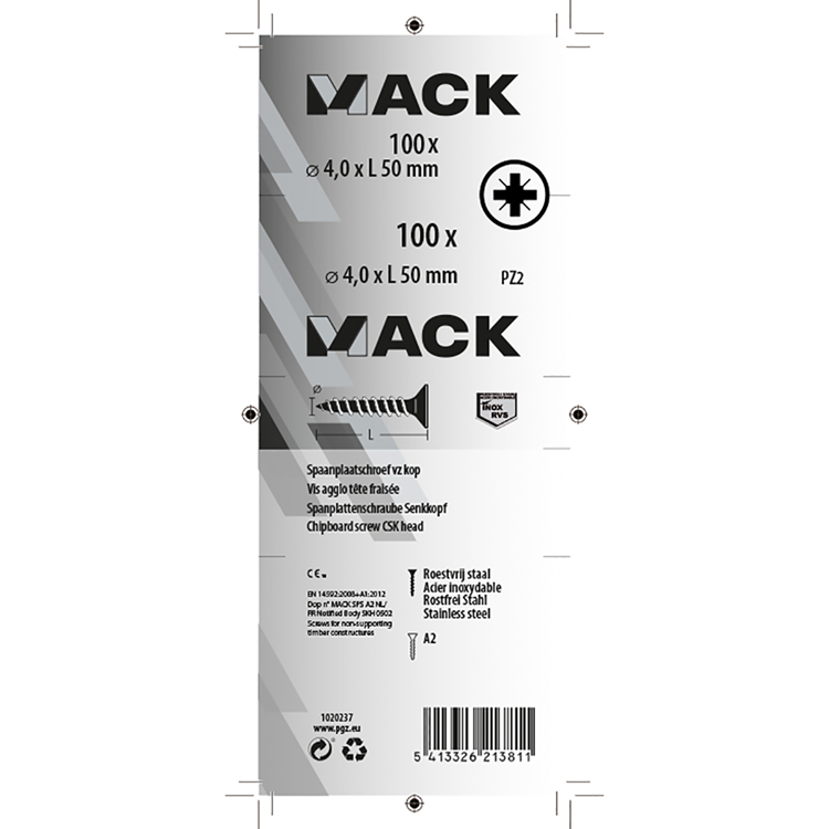 Mack 1020237 - vis pour panneaux d'aggloméré tête VZ acier inoxydable a2 100 pcs 4,0 x 50 mm | 2 pièces