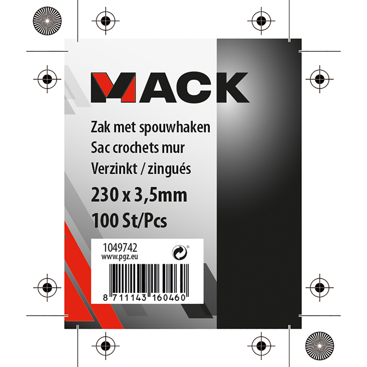 Mack 1049742 - sac avec 100 crochets creux galvanisés 230 x 3,5 | 5 pièces