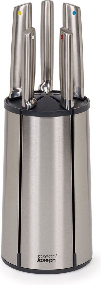 Joseph Joseph bloc à couteaux rotatif comprenant 5 couteaux, couteau à éplucher, couteau dentelé, couteau Santoku, couteau à pain, couteau de chef, acier inoxydable, argent - | élever