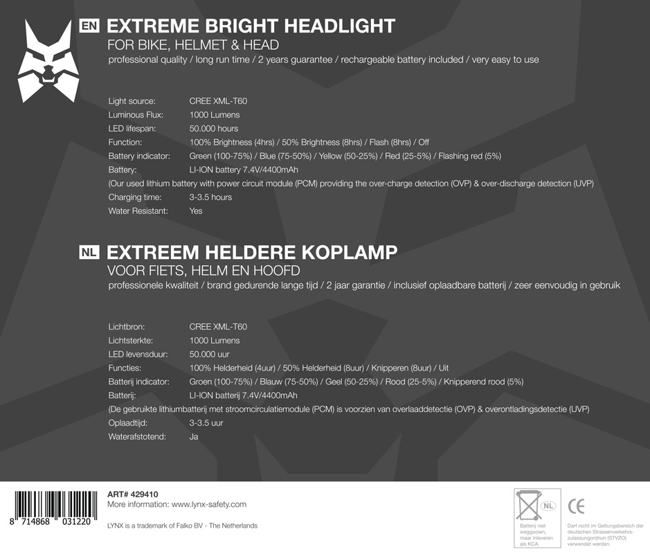 Lampe frontale Lynx pro extreme 1000 lumens rechargeable