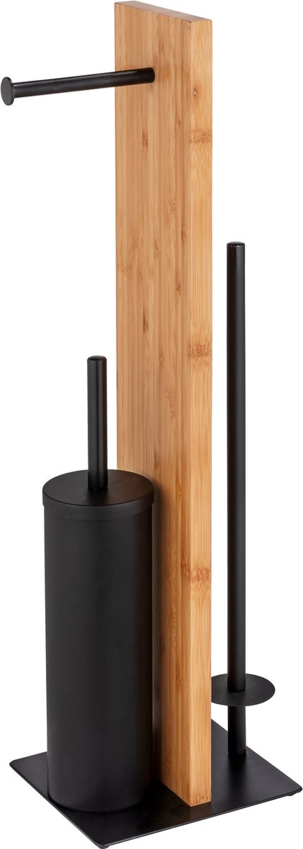 Wenko majordome de toilette lesina noir et bambou - Bois FSC - brosse de toilette avec support, porte-rouleau de papier toilette et porte-rouleau de rechange autoportant