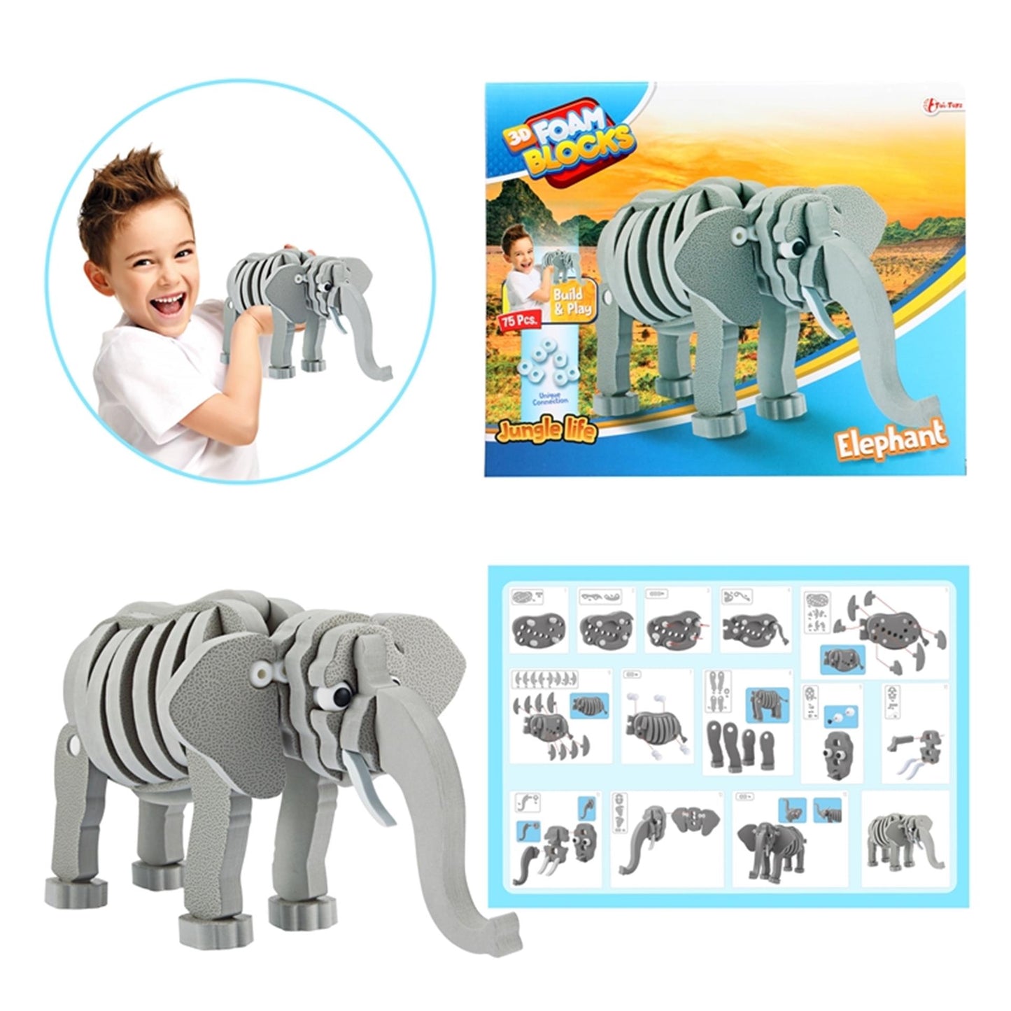 Toi-toys toi-toys 3d puzzle Elephant Junior 31,5 cm mousse grise 75 pièces