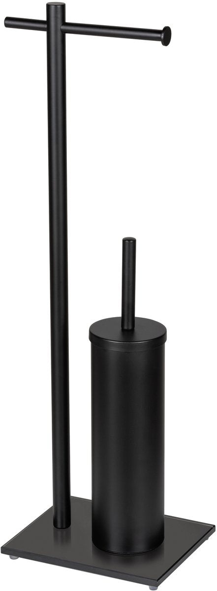 Wenko majordome de toilette resera en acier noir mat et verre noir - brosse de toilette avec support et porte-rouleau de papier toilette autoportant