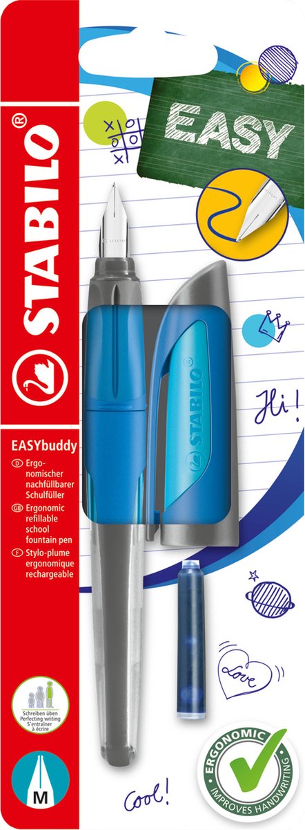 Stabilo easybuddy - stylo plume ergonomique - bleu foncé bleu clair - pointe M standard pour droitiers