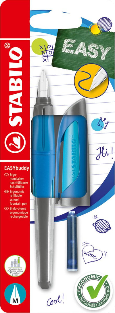 Stabilo easybuddy - stylo plume ergonomique - bleu foncé bleu clair - pointe M standard pour droitiers