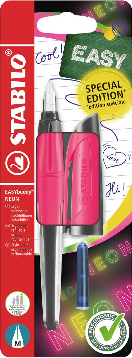 Stabilo easybuddy neon - stylo plume ergonomique - rose - plume standard M pour droitiers