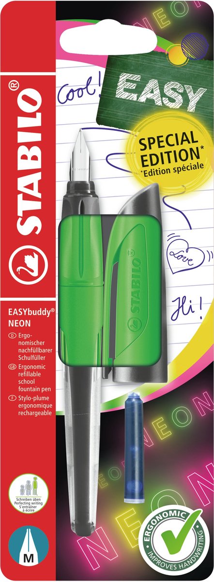 Stabilo easybuddy neon - stylo plume ergonomique - vert - plume standard m pour droitiers