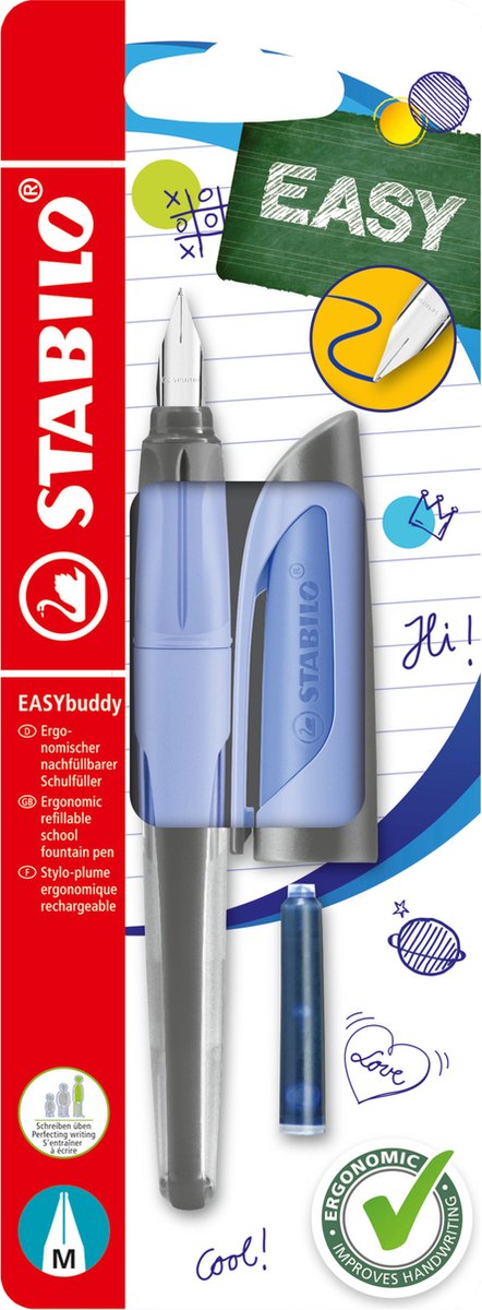 Stabilo easybuddy pastel - stylo plume ergonomique - bleu clair - plume standard M pour droitiers