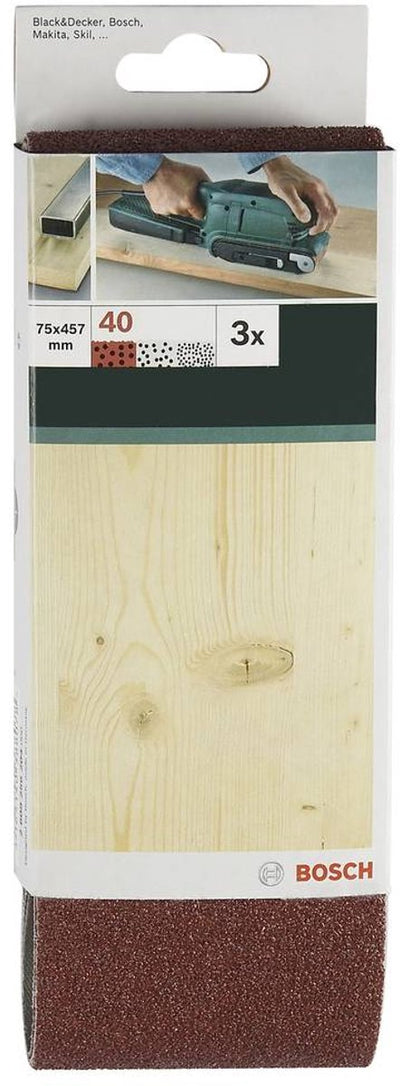 Bosch - Jeu de 3 bandes abrasives pour ponceuses à bande, rouge qualité 40, non perforées, tendues
