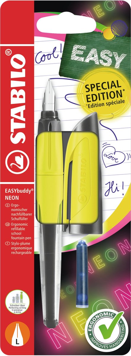 Stabilo easybuddy neon - stylo plume ergonomique - jaune - plume L pour gauchers