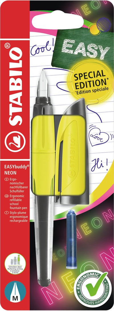 Stabilo easybuddy neon - stylo plume ergonomique - jaune - plume standard m pour droitiers