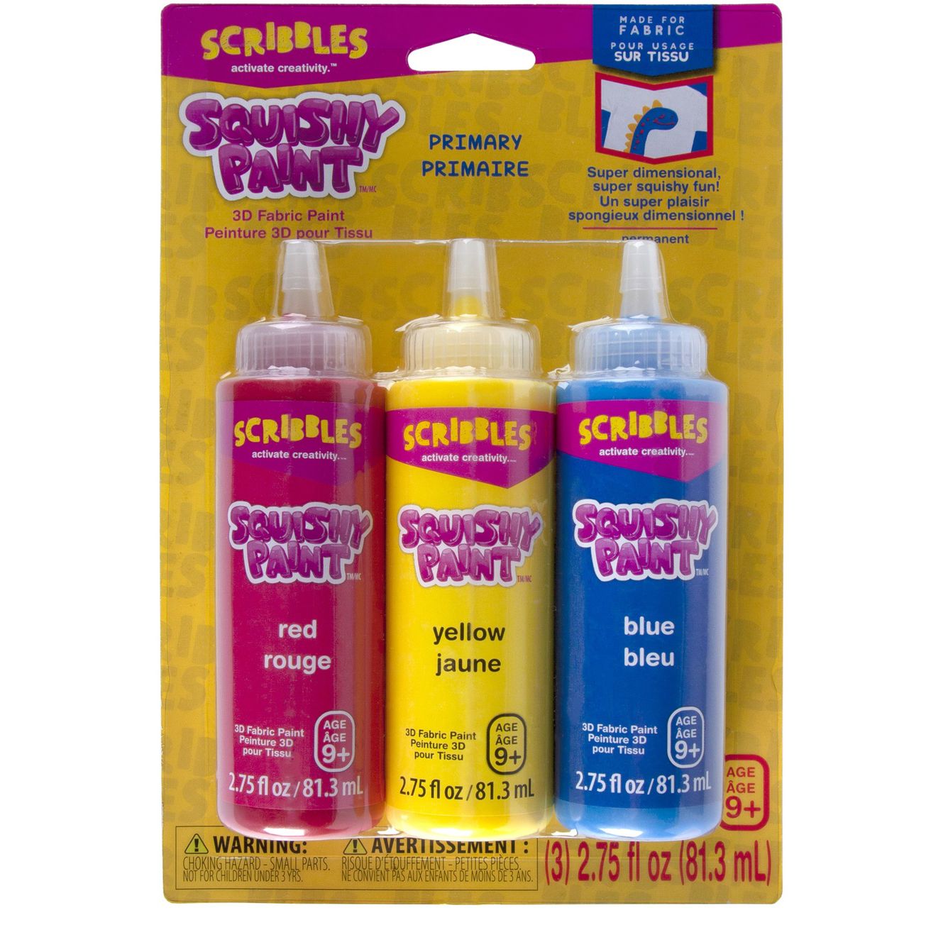 Scribbles • peinture textile 3D squishy 81,3 ml rouge jaune bleu 3 pièces