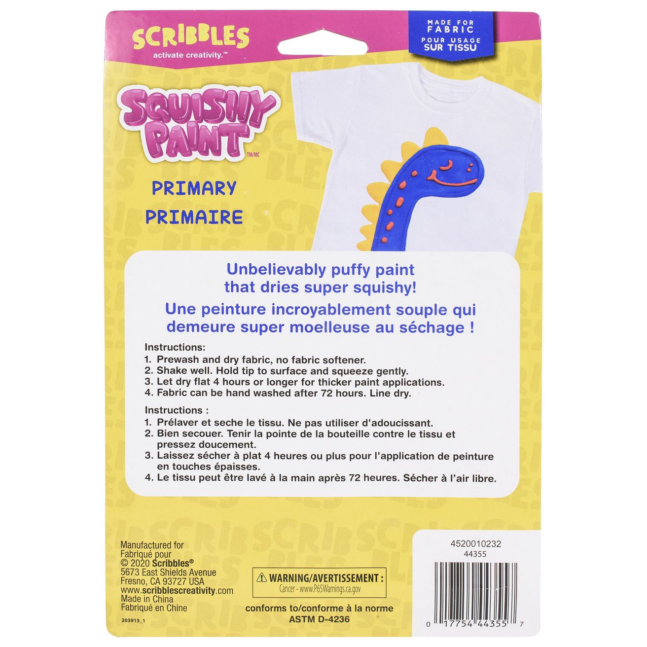 Scribbles • peinture textile 3D squishy 81,3 ml rouge jaune bleu 3 pièces