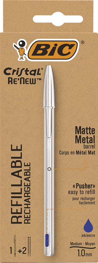 Stylo bille Bic cristal re-new moyen argent + 2 recharges bleues