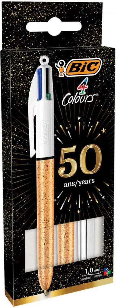 Stylos à bille Bic 4 couleurs - corps de différentes couleurs - couleur or avec motif glacé et couleur argent - paquet de 3 pièces - pointe moyenne 1 mm