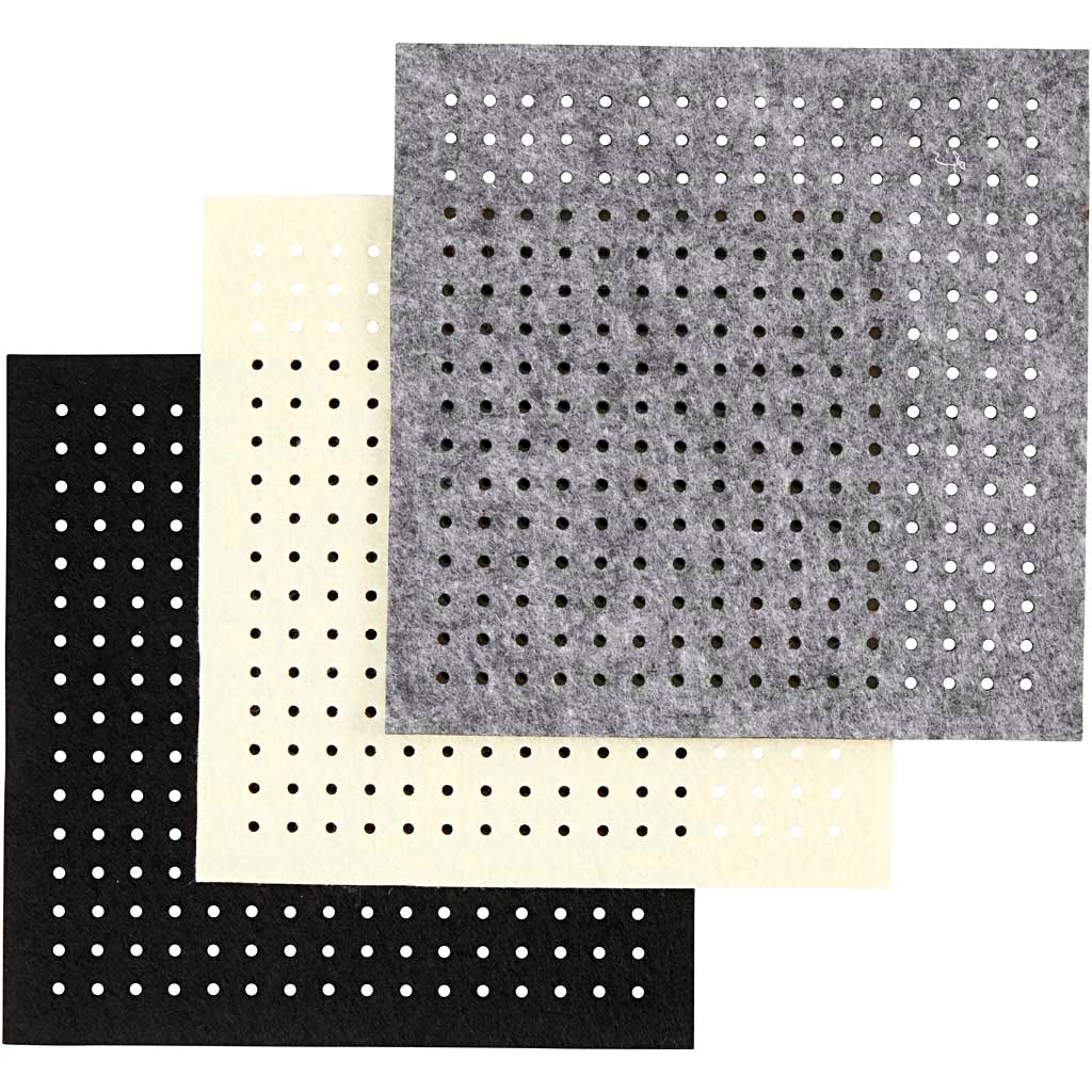 Creativ company feutre de loisirs avec trous, dim. 20x20 cm, épaisseur 3 mm, noir, gris, blanc cassé, feuille 3x4 1 boîte