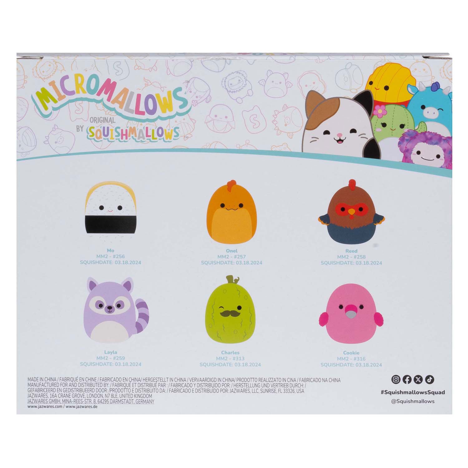 Squishmallows micromallows en peluche câlin - charles, onel, mo, cookie, reed, layla, 6-pack
