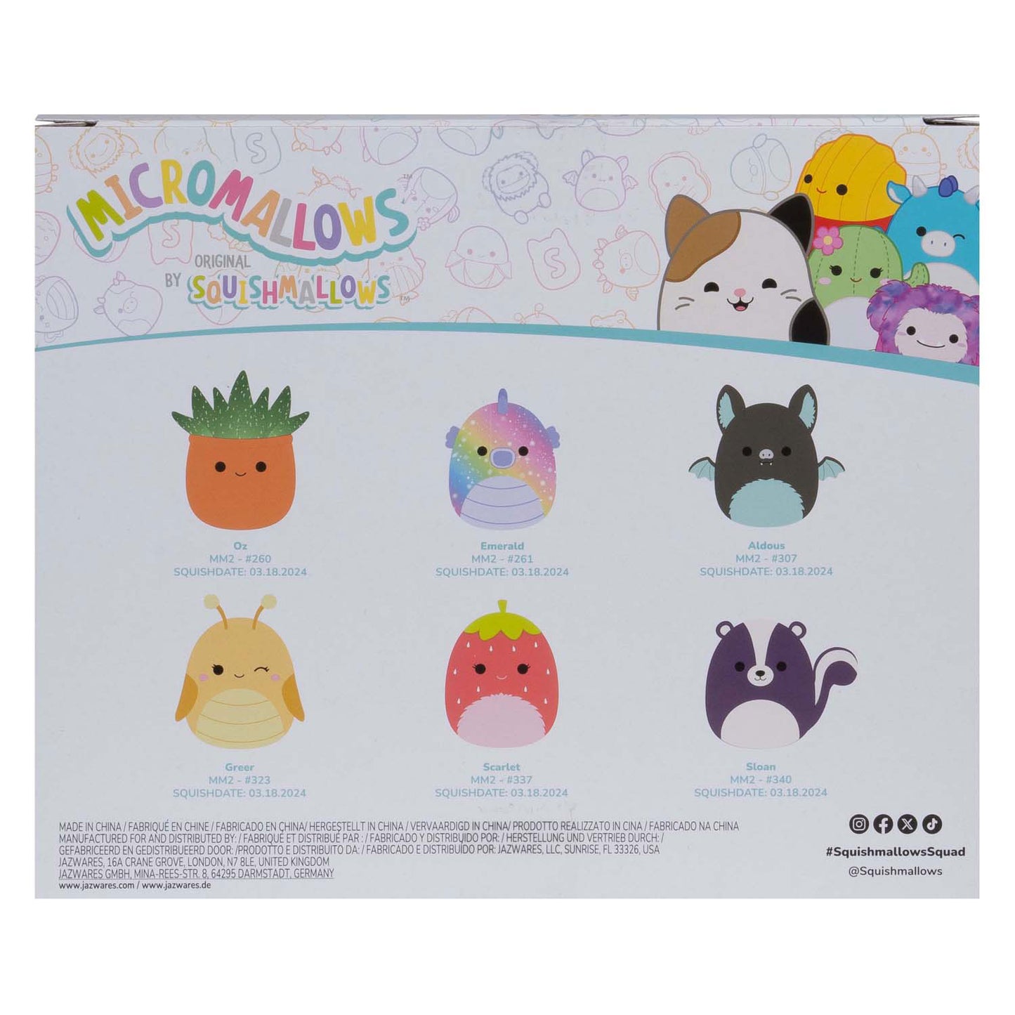 Squishmallows micromallows en peluche câlin - greer, sloan, émeraude, oz, écarlate, ald, 6-pack