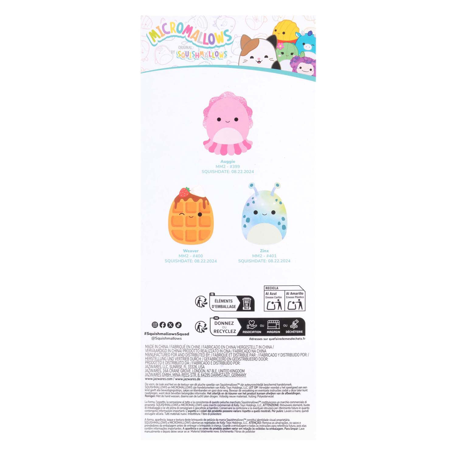 Micromallows en peluche 6,5 cm 3 pack Auggie, tisserand zinx