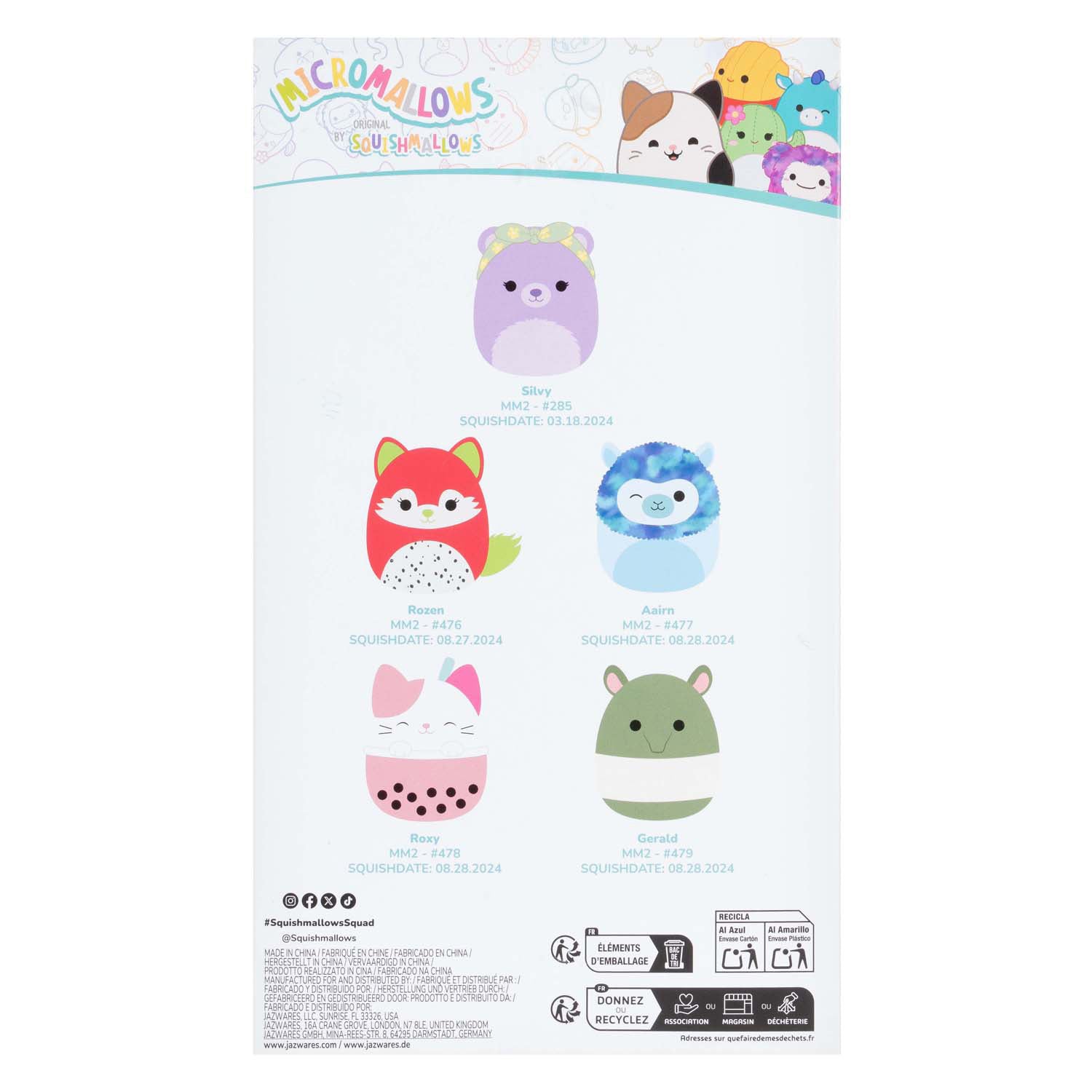 Micromallows en peluche 6,5 cm 5 Pack Silvy, Roses Aarin, Roxy, Gerald