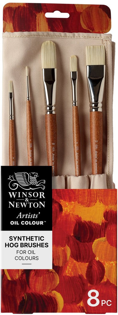Winsor Newton 5010902 Artists Oil Synthetic Hog Brush Roll – 8 pinceaux à huile synthétique de haute qualité pour artistes professionnels (long plat, plat brillant, rond, filbert, vernis)