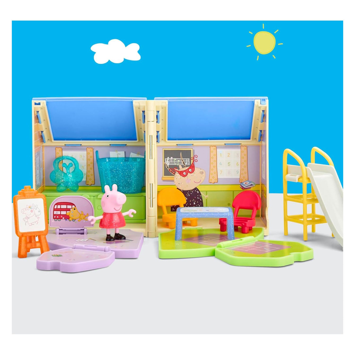 Hasbro Peppa Pig Playset poupée ouverte salle de jeux école classe fantaisie.