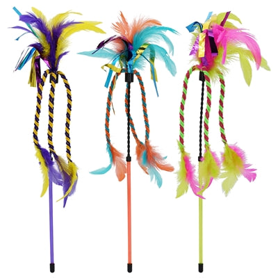 Tige pour chat Happy Pet Tabby Patch avec ruban et plumes assorties