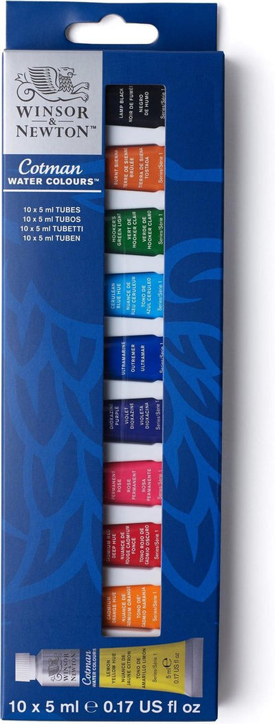 Winsor Newton 0390664 Cotman Kit de peinture aquarelle – Kit débutant 10 x 5 ml – Couleurs aquarelles essentielles avec pigments de haute qualité