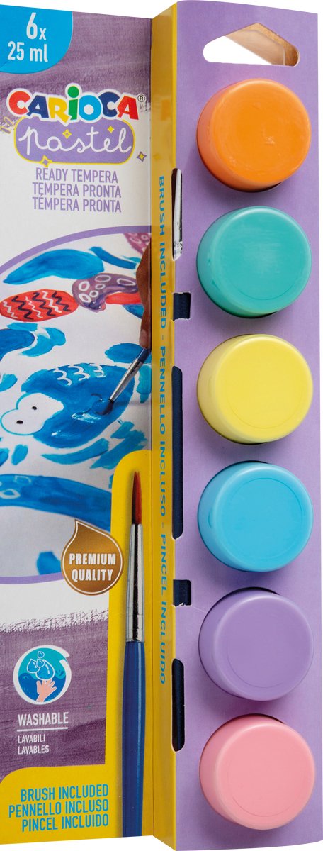 Carioca gouache pastel - 6 x 25 ml - avec pinceau - lavable - kit de gouache pour enfants - prêt à l'emploi