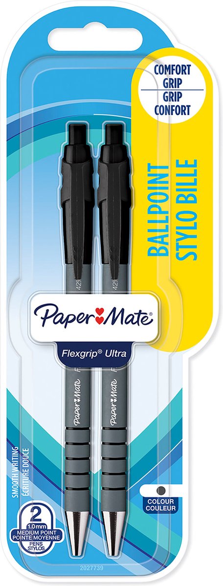 Stylos à bille Paper Mate Flexgrip Ultra avec bouton poussoir | pointe moyenne (1,0 mm) | noir | 2 pièces