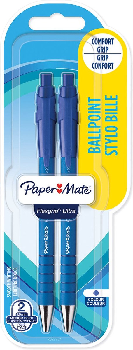 Stylos à bille Paper Mate Flexgrip Ultra avec bouton poussoir | pointe moyenne (1,0 mm) | bleu | 2 pièces
