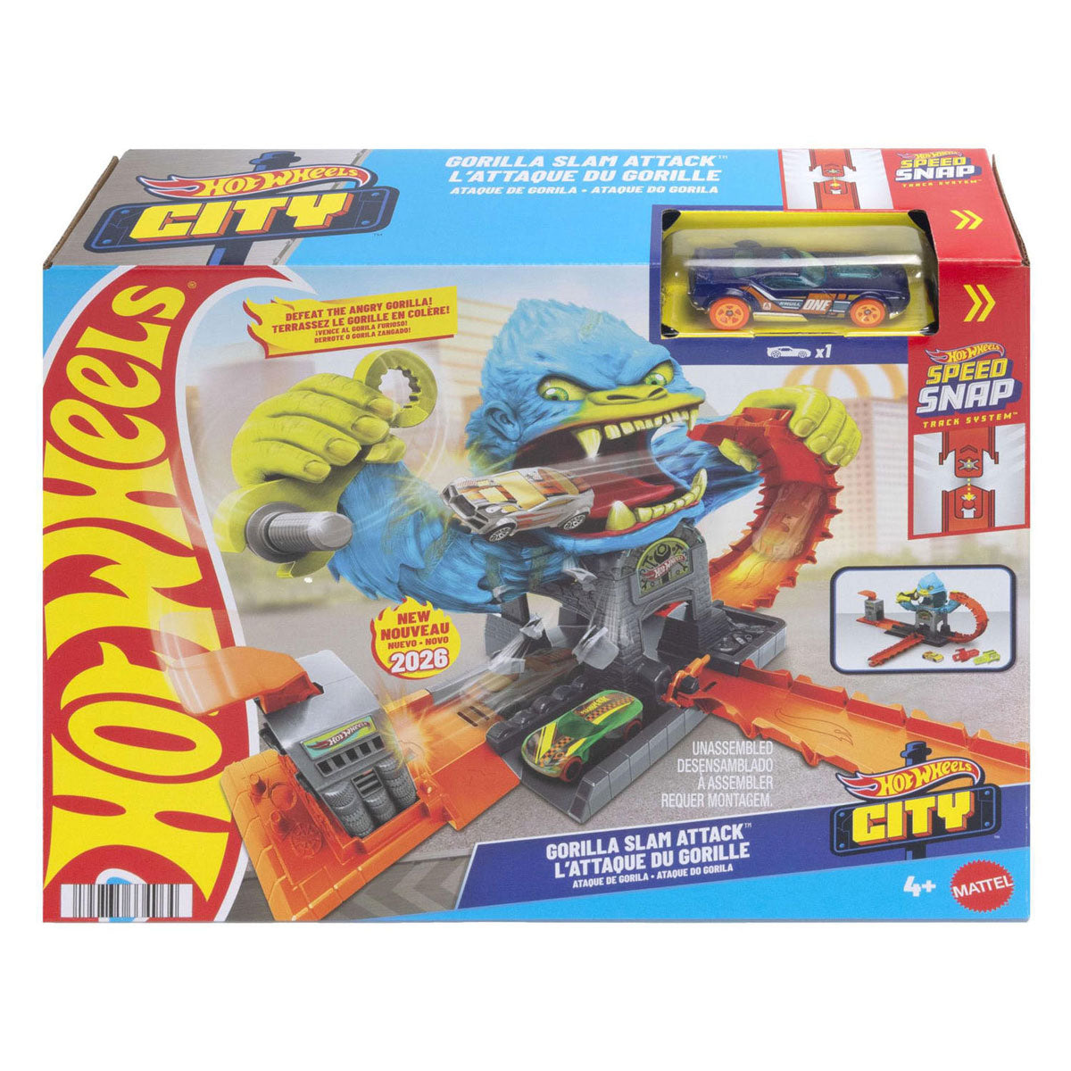 Ensemble de jeu d'attaque de gorilles de la ville Hot Wheels et voiture jouet