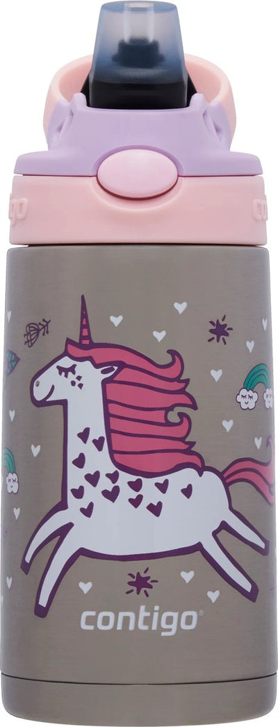 Bouteille thermos Contigo easy clean à bec automatique avec paille pour enfants, bouteille d'eau en acier inoxydable sans BPA, 100 % étanche, facile à nettoyer, idéale pour la garderie, l'école et le sport, 380 ml | licorne volante