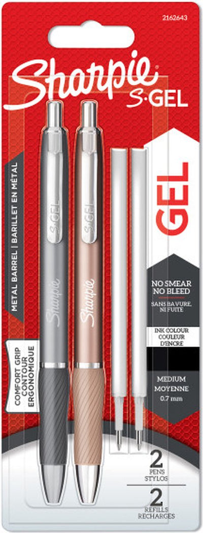 Gel Sharpie | stylos gel en métal | pointe moyenne (0,7 mm) | gris acier et or rouge | encre noire | 2 stylos et 2 recharges de stylo gel