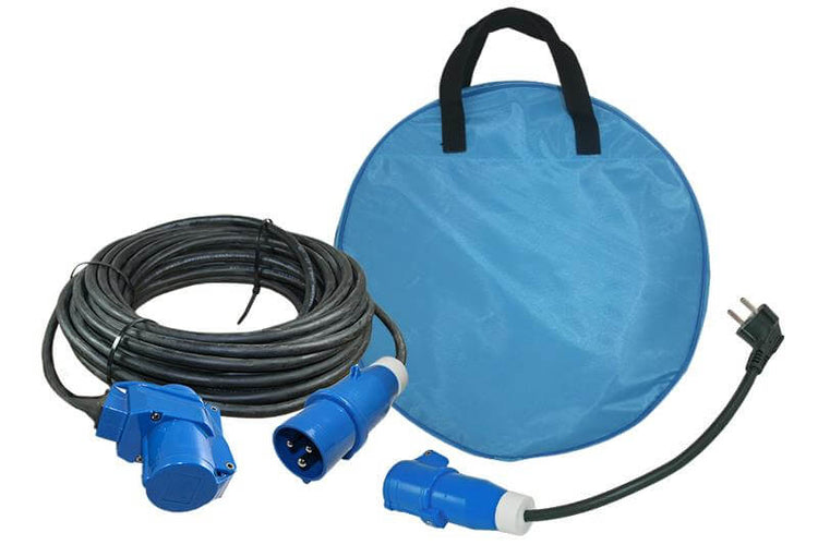 Ngk verleabel 25 mètres néoprène 3x 1,5mm² - fiche cee et raccord à angle droit - avec câble adaptateur français - dans sachet de câbles