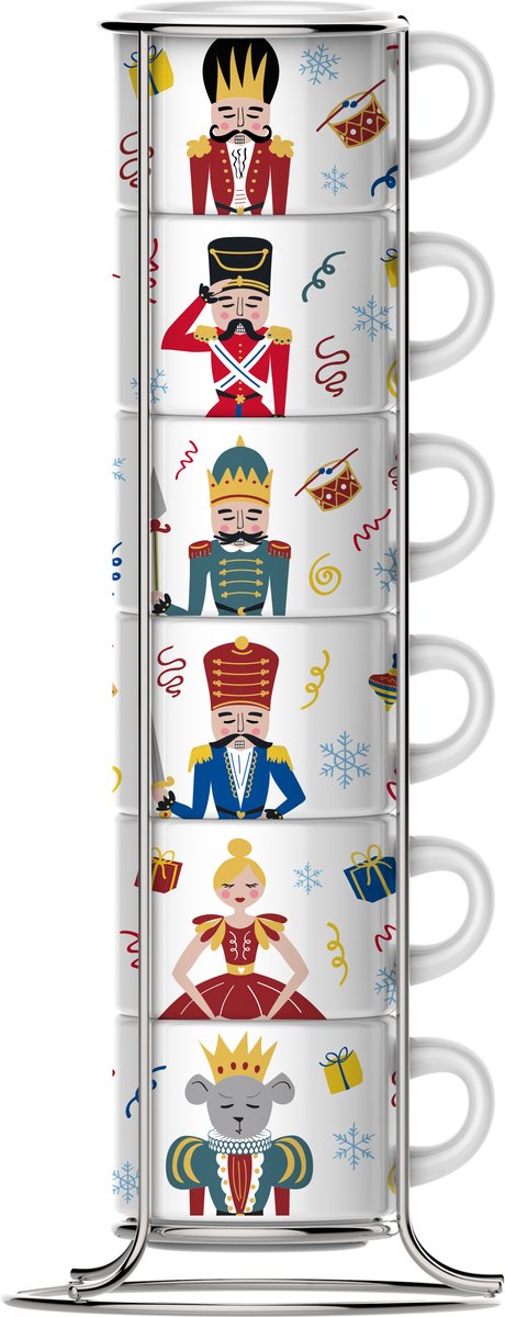Bialetti set de tasses à expresso casse-noisette 6 pièces avec support - 90 ml - tasses à expresso en porcelaine - édition limitée - empilable