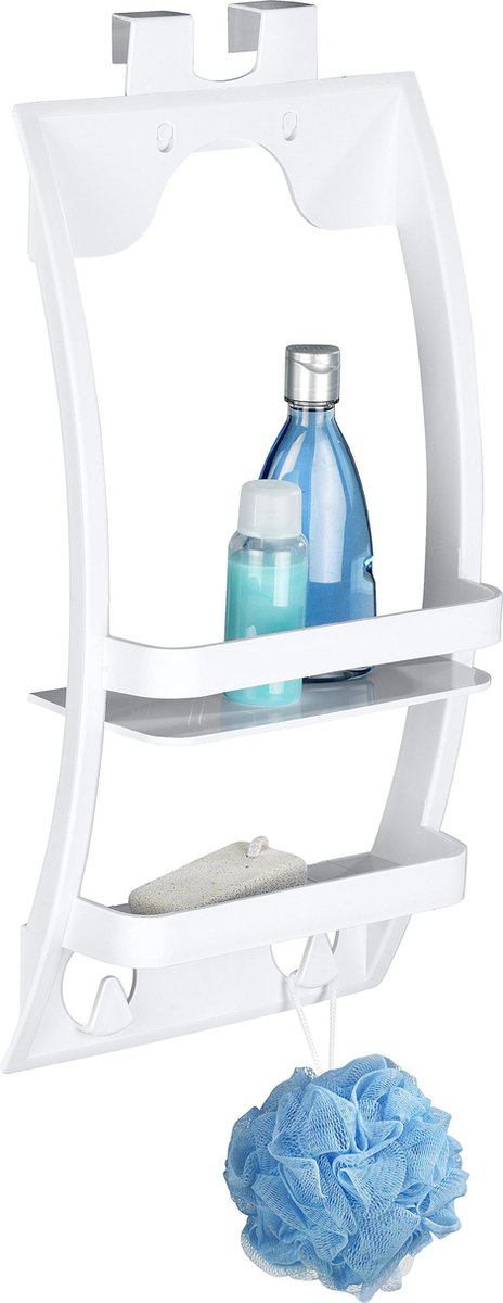 Wenko support de douche universel 2 couches en plastique blanc 26x55cm - panier de douche - support de douche - support de douche à suspendre à la paroi de douche soit auto-adhésif, soit vissé au mur