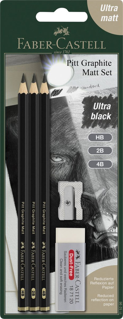 Ensemble de crayons graphite Faber-Castell - pitt mat - ensemble de 3 crayons hb-2b-4b avec accessoires - fc-115296