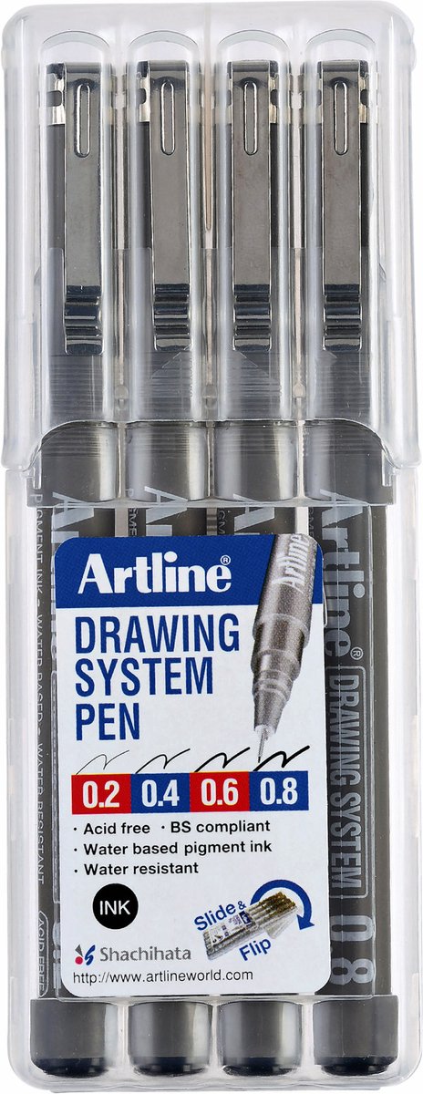 Système de dessin Artline - 1 x lot de 4 fineliners - largeurs de trait 0,2-0,4-0,6-0,8 mm - noir