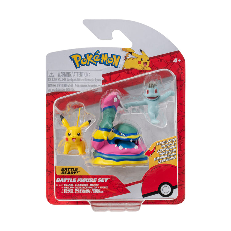Boti batte figurine set machop, pikachu, alolan muk, 3pcs.