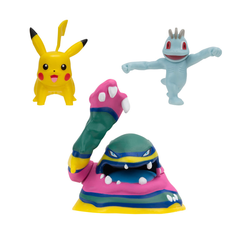 Boti batte figurine set machop, pikachu, alolan muk, 3pcs.