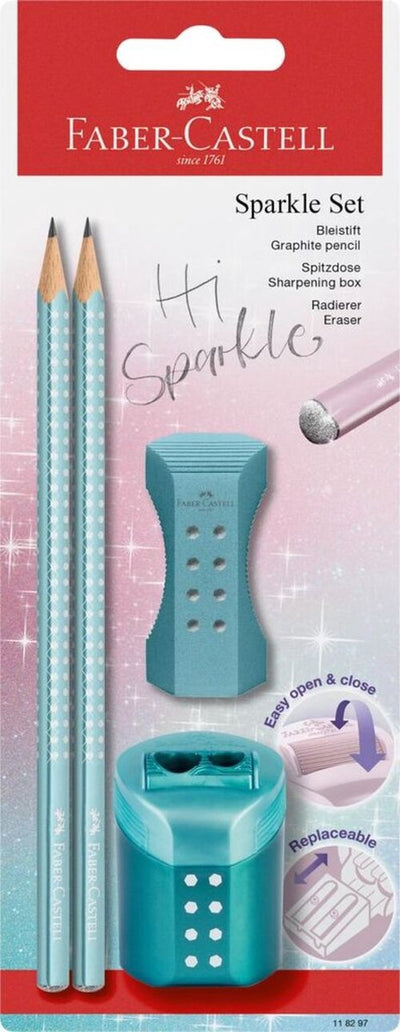Faber-castell ensemble de crayons - sparkle cosmic - océan métallique - 2x crayons graphite, 1x gomme, 1x taille-crayon - fc-118297