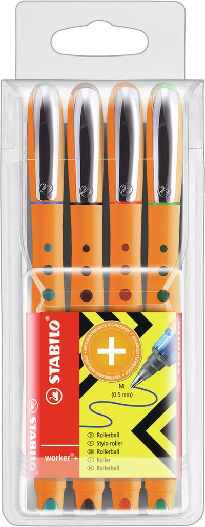 Stabilo travailleur - roller - moyen 0,5 mm - étui de 4 couleurs
