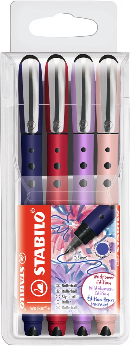 Stabilo travailleur+ - roller 0,5 mm - naturecolors fleurs sauvages - étui de 4 couleurs
