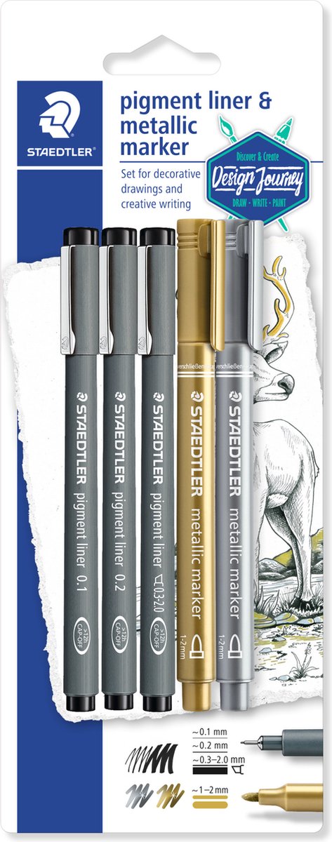 Staedtler design Journey - Set de liners pigmentés 3 pièces + 2 marqueurs métalliques