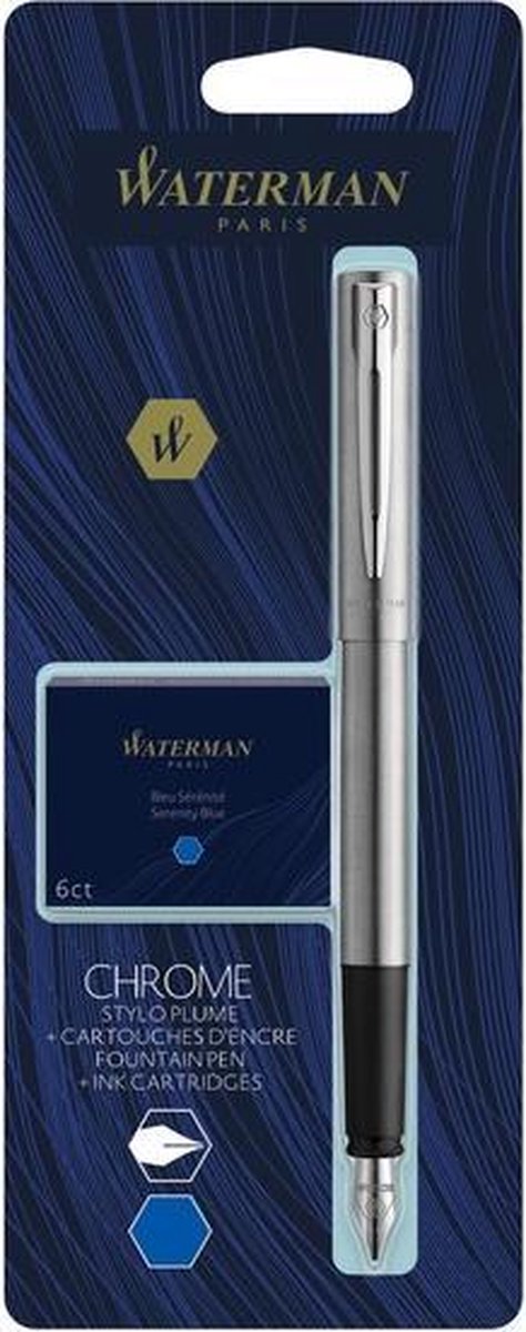 Stylo plume Waterman Allure | chromé | plume fine | comprenant 6 cartouches d'encre bleue courtes